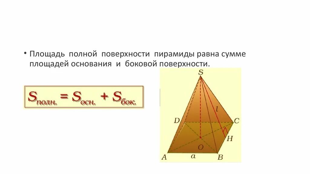 Площадь основания пирамиды формула. Формула полной поверхности пирамиды. Площадь боковой поверхности пирамиды формула. Площадь полной поверхности пирамиды формула. S полной боковой пирамиды