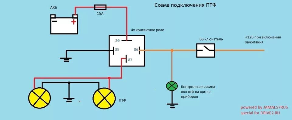 Противотуманные фары подключение через кнопку. Схема соединения туманок через реле. Схема подключения реле противотуманных фар. Схема подключения противотуманки через реле. Схема подключения ПТФ через реле.