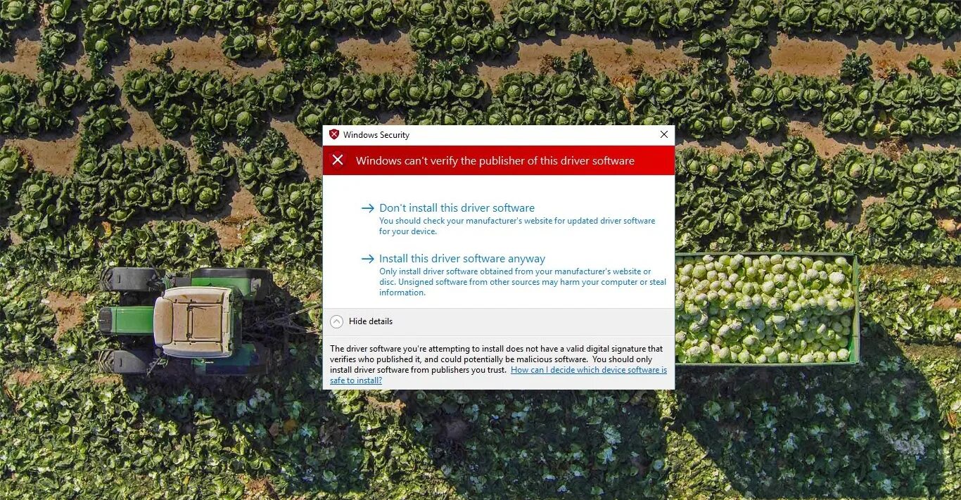 Windows can't verify the Publisher of this Driver software.