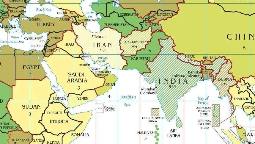 Карта часовых поясов. Часовые пояса на Ближнем востоке. Часовой пояс в Пакистане.