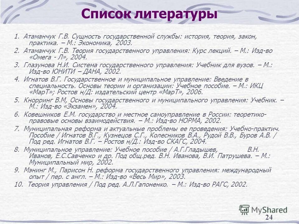 Список литературы в проекте 10 класс