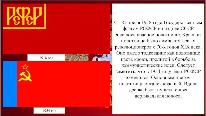 Флаг Российской Советской Федеративной социалистической Республики. Флаг РСФСР 1917 года. Флаг РСФСР 1918. Флаг РСФСР 1954.