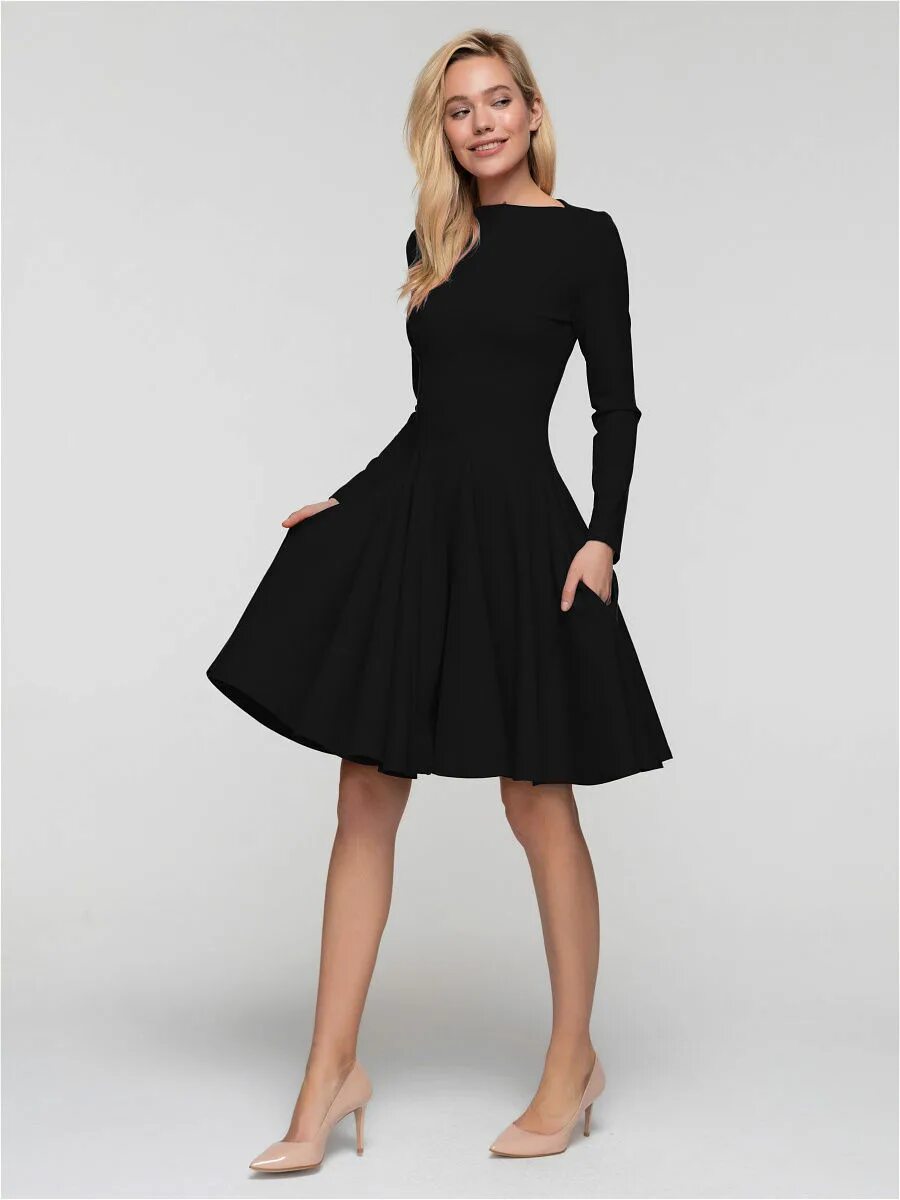 черные платья солнце. плтеье солнышко черный. платье черное приталенное с расклешенной юбкой. платье с юбкой-солнце. платье по колено с пышной юбкой.