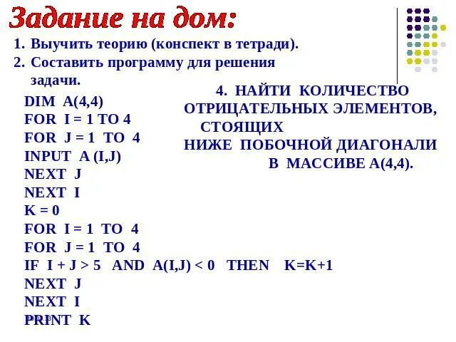 Первый отрицательный элемент массива. Элементы ниже побочной диагонали. Отрицательные элементы массива над побочным диагональю. Как найти число ниже побочной диагонали массива Фортран. Найти отрицательные элементы массива над побочной диагональю.