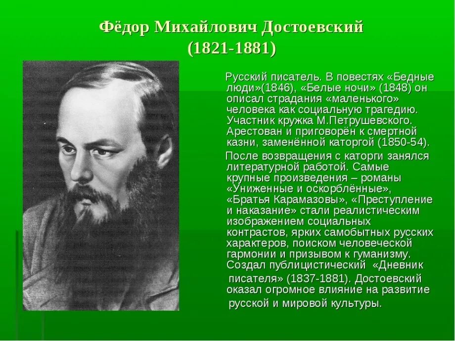 Факты самые писатели. Ф.М. Достоевский русский писатель (1821—1881). Фёдор Достоевский 1821-1881.