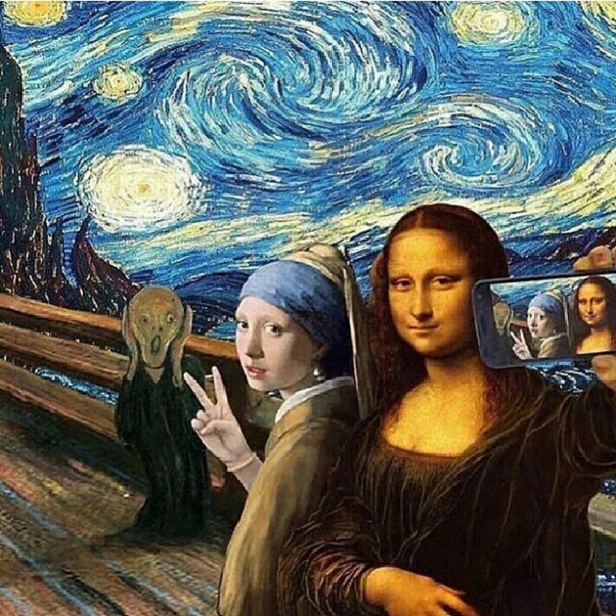 Современность произведения. Леонардо да Винчи Звездная ночь. Ван Гог и Мона Лиза. Ван Гог Мона Лиза оригинал. Мона Лиза Ван Гог, селфи.