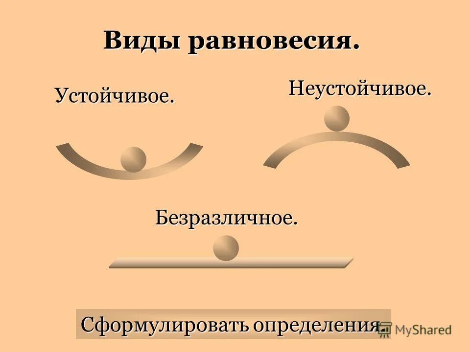 Вид равновесия определяет. Виды равновесия. Виды устойчивого равновесия. Устойчивое неустойчивое и безразличное. Устойчивое равновесие примеры.