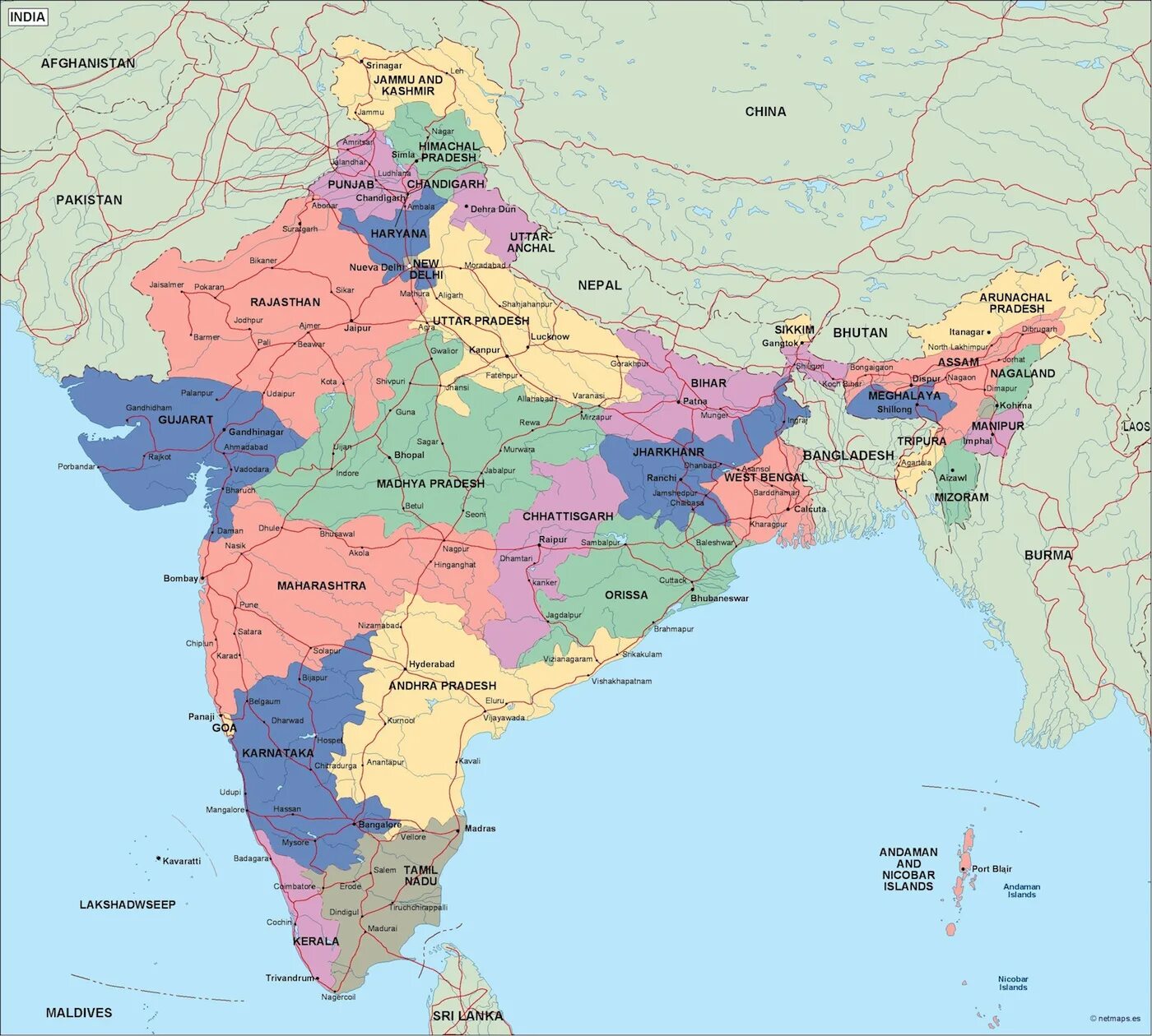 Сколько стран в индии. Политическая карта Индии. Полит карта Индии. Карта Индии географическая.