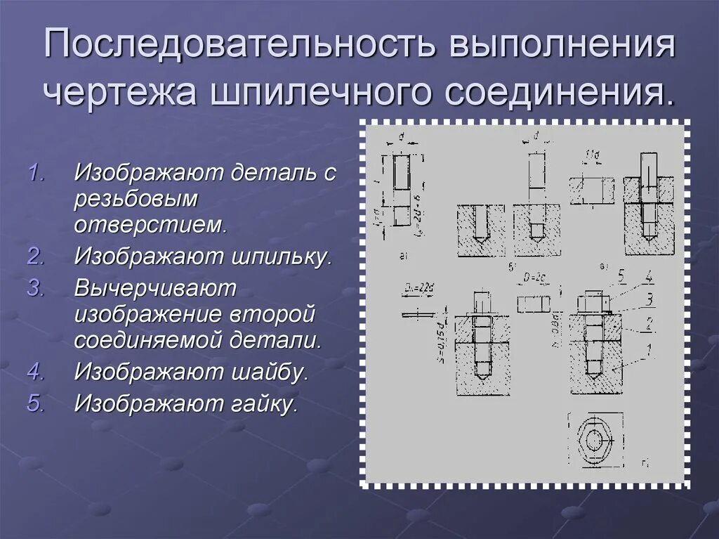 Последовательность выполнения чертежа болтового соединения. Последовательность выполнения чертежа шпилечного соединения. Этапы выполнения чертежа. Последовательное выполнение чертежа.