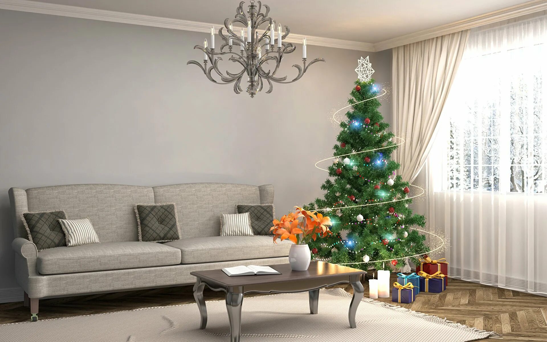 елка в интерьере. рождественский интерьер. в гостиную втащили большую мерзлую елку. в гостиную втащили большую мерзлую елку. гостиная с елкой.