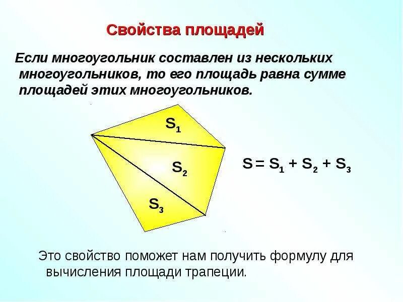 Сформулируйте свойства площадей. Свойства площадей. Если многоугольник составлен. Св ва площадей многоугольников. Если многоугольник составлен из нескольких многоугольников.