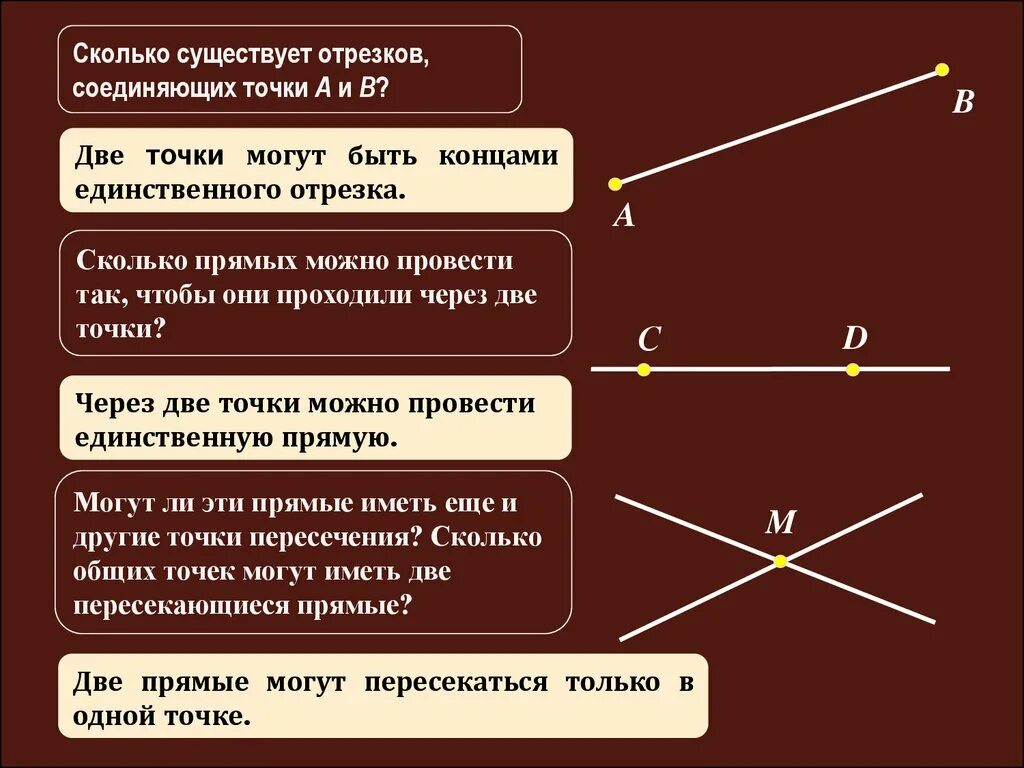 Может ли быть отрезок на прямой. Сколько существует отрезков. Через две точки можно провести отрезков. Отрезки на одной прямой.