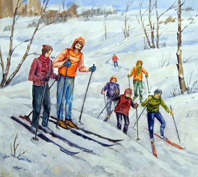 Картина лыжники. Ребята катаются на лыжах. Лыжники живопись. Лыжник иллюстрация для детей. Картина лыжника для детей.