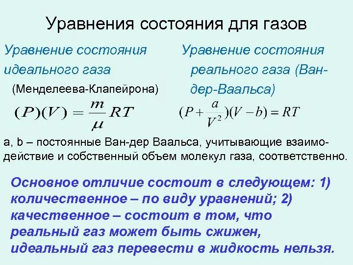 Уравнение состояния неидеального газа формула. Уравнение состояния идеального газа для одного моля газа. Уравнение состояния Ван-дер-Ваальса. Термические уравнения состояния для реальных газов.