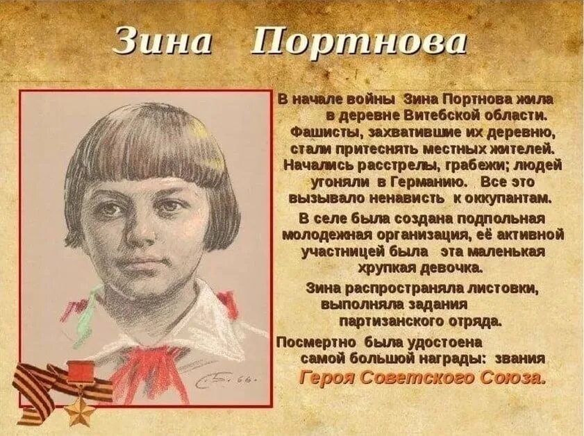 Небольшое сообщение о подвиге. Герои ВОВ Зина Портнова. Герои войны 1941-1945 Зина Портнова. Зина Портнова Пионер герой.