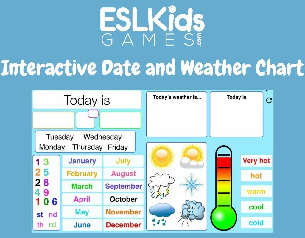Weather chart. Weather esl games. weather chart interactive. date and weather.