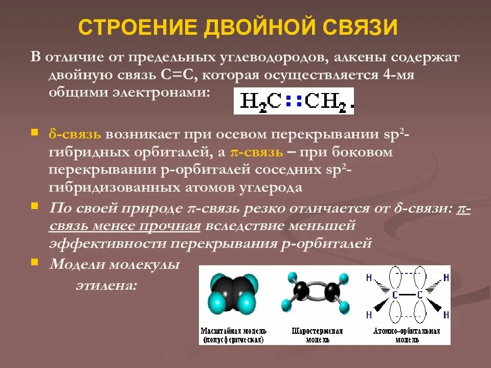 Молекулах есть двойная связь. Двойная связь алкенов. Алкены строение двойной связи. Двойная связь в алкенах. Строение двойной связи алкенов.