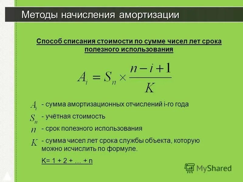 Период начисления амортизации. Метод начисления амортизации по сумме чисел лет. По сумме чисел лет срока полезного использования. Сумма амортизации по сумме чисел лет. Методы начисления износа по сумме чисел лет.