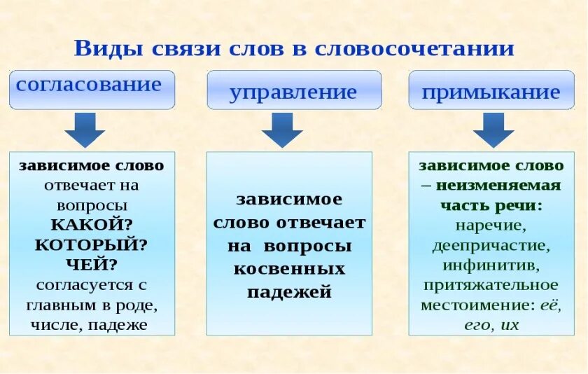 Вид словосочетаний огэ. Виды связи в словосочетаниях. Виды связи слов в словосочетании. Виды словосочетаний согласование управление. Связи управление примыкание согласование.