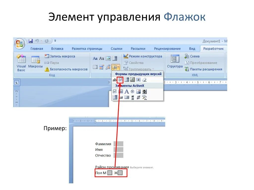 Документы элементы управления. Элемент управления флажок. Элементы управления формы. Элементы управления Word. Элементы управления в Ворде.