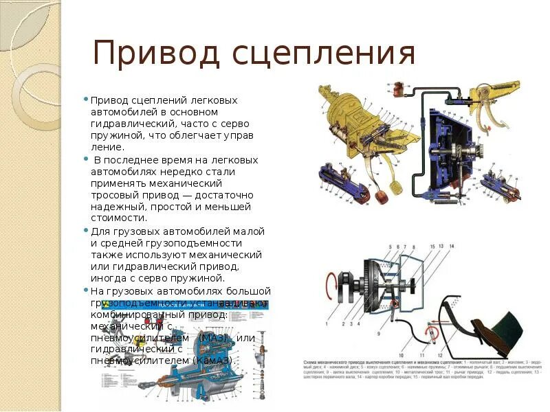 Схема механического привода сцепления. Характеристики привода механизма выключения сцепления. Механический привод выключения сцепления состоит из 3 частей. Механический привод сцепления КАМАЗ. Работа привода сцепления