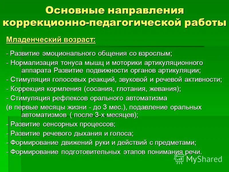 Направления коррекционно педагогической работы