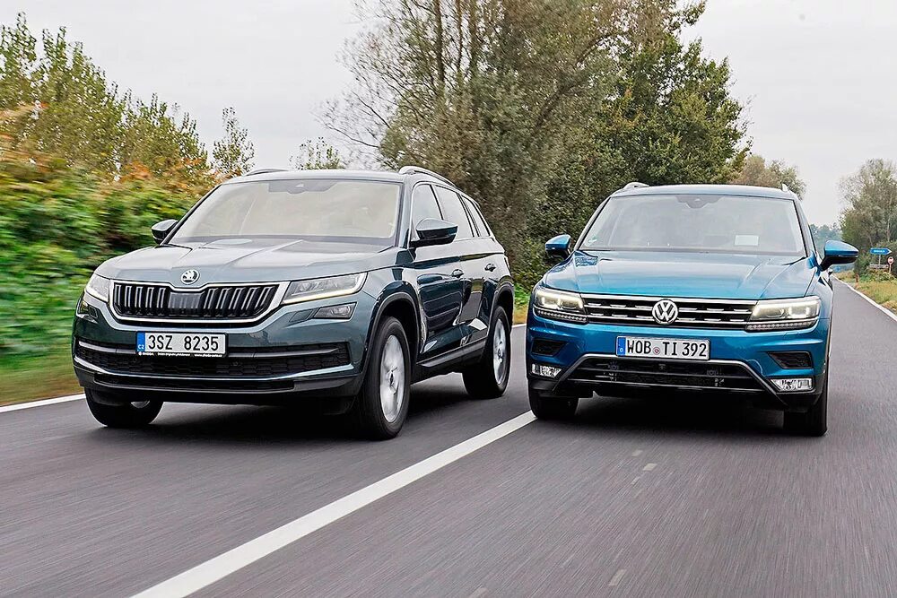 Сравнение volkswagen. Шкода Кодиак и Фольксваген Тигуан. Skoda Kodiaq vs VW Tiguan. Volkswagen Tiguan 2 и Skoda Kodiaq. Фольксваген Шкода Кодиак.