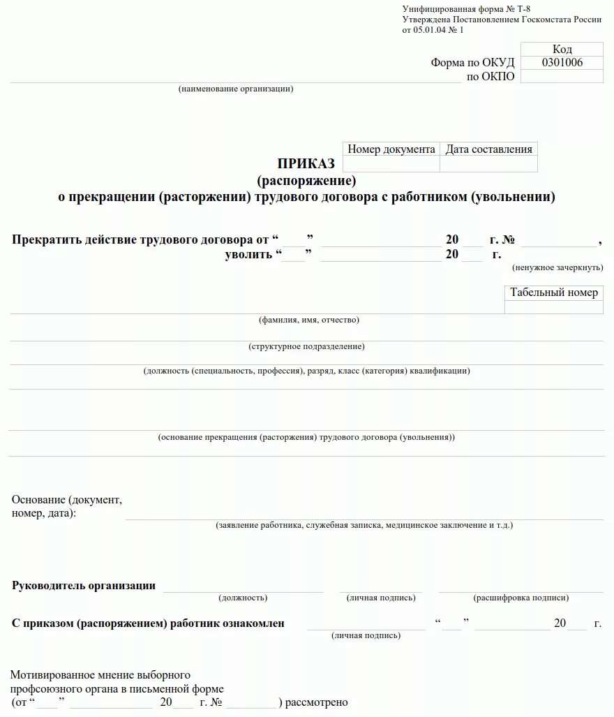 Приказ об увольнении работников форма т-8а. Приказ о прекращении трудового договора с работником образец. Приказ об увольнении сотрудника образец и бланк. Образец заполнения приказа о расторжении трудового договора форма т8. Приказ на увольнение работника с работы