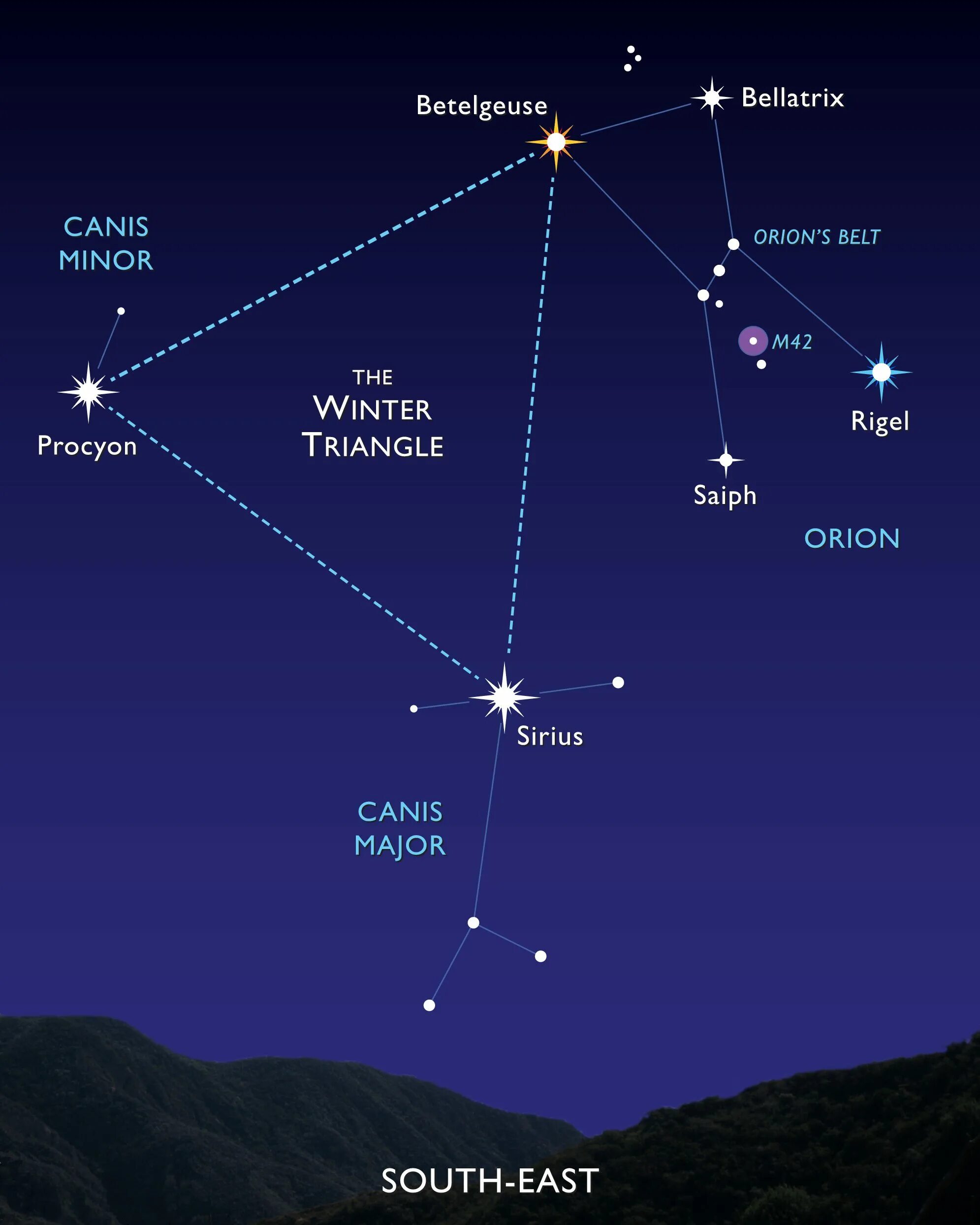 Звезда Бетельгейзе в созвездии Ориона. Созвездие Орион и Сириус и Процион. Пояс Ориона Созвездие Бетельгейзе. Зимний треугольник: Сириус, Процион, Бетельгейзе. Какая звезда относится к какому созвездию