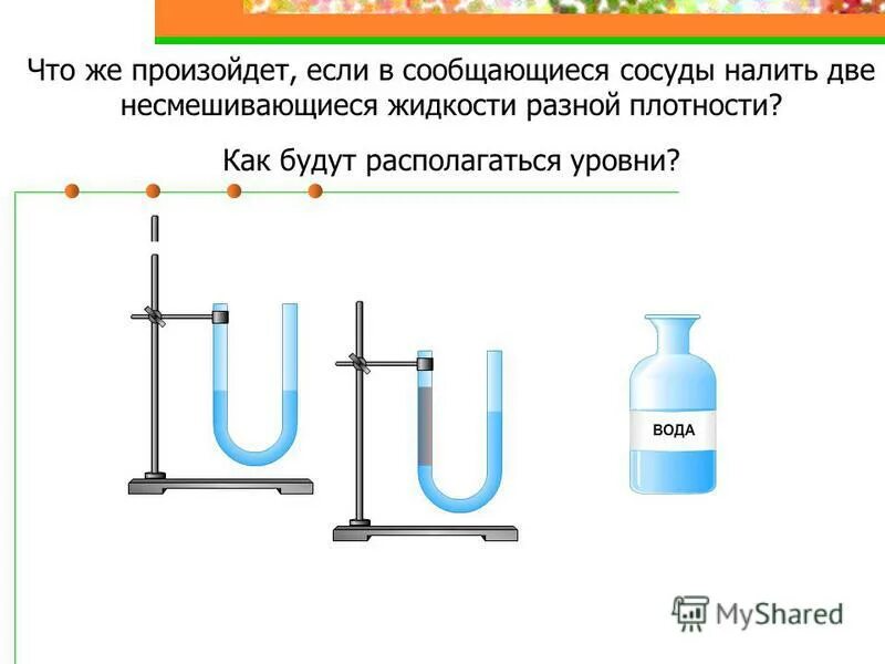 Жидкости разной плотности в одном сосуде