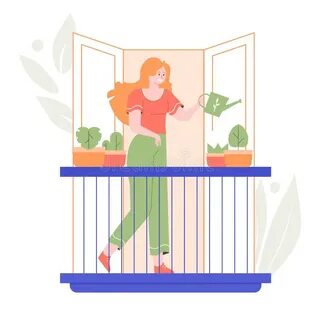 Поливает цветы на балконе