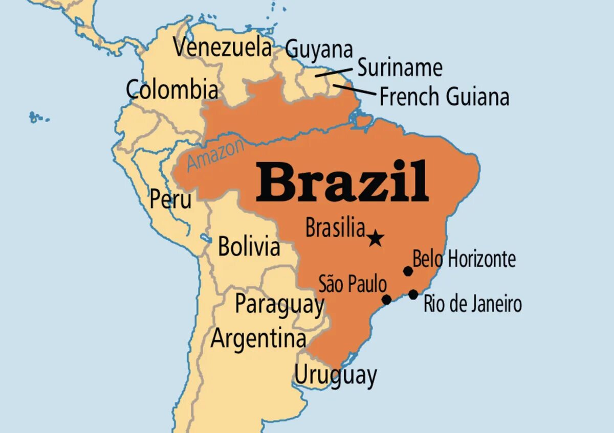 Бразилия на карте Южной Америки. Карта Бразилии географическая. Географическое положение Бразилии на карте. Расположение Бразилии на карте.