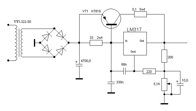 0 5 в 0 10 вольт. Мощный блок питания на lm317 и кт818. Lm317 схема включения с регулировкой напряжения. Мощный блок питания на транзисторах кт818. Регулируемый блок питания на lm317 с защитой.