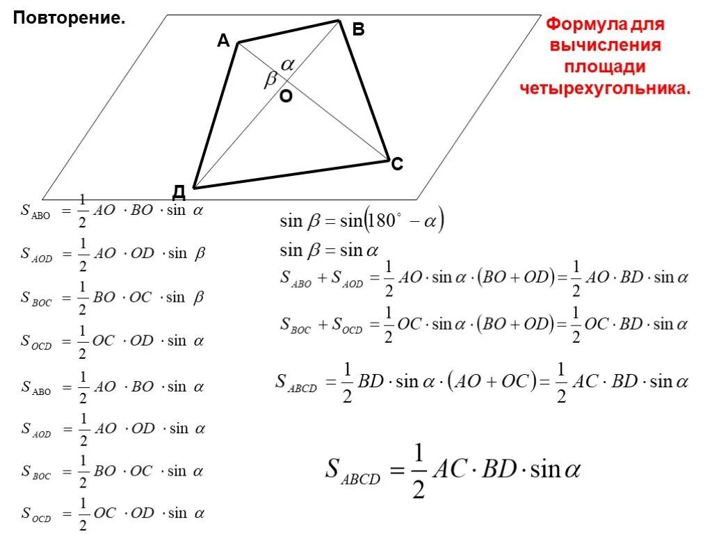 Формула нахождения площади четырехугольника. Формулы вычисления площадей четырехугольников. Площадь произвольного четырехугольника. Формула для вычисления площади произвольного четырехугольника.
