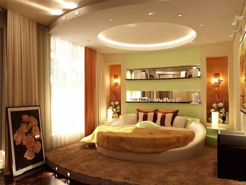 Потолок круглой комнате. Круглая комната интерьер. Спальня неправильной формы. Гипсокартонные потолки для спальни. Полукруглая гостиная.