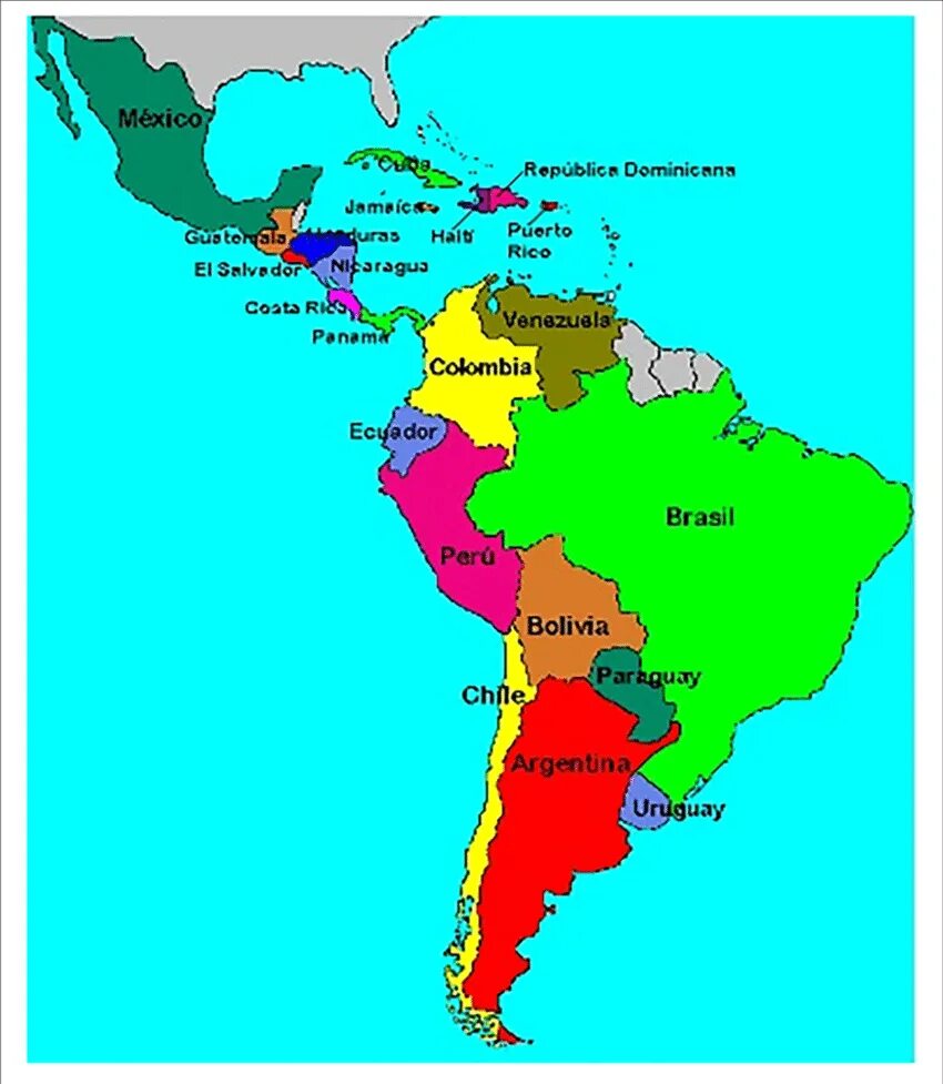 Политическая карта Латинской Америки. Карта Латинской Америки на испанском. Карта Америки и Латинской Америки.