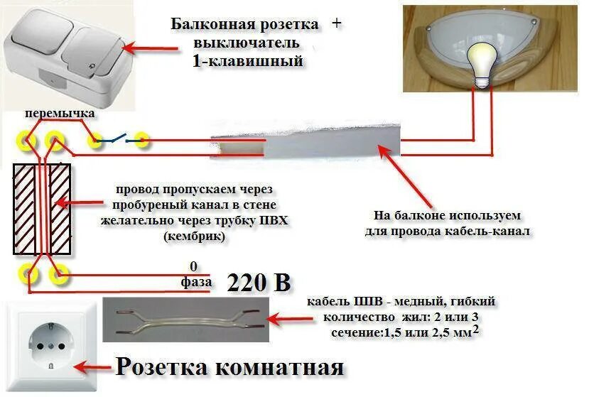 Как выводить светильника. Схема подключения света от розетки на балкон. Схемы разводки электропроводки на лоджии своими руками. Схема проводки на балконе от розетки. Схема подключения розетки и освещения на балконе.