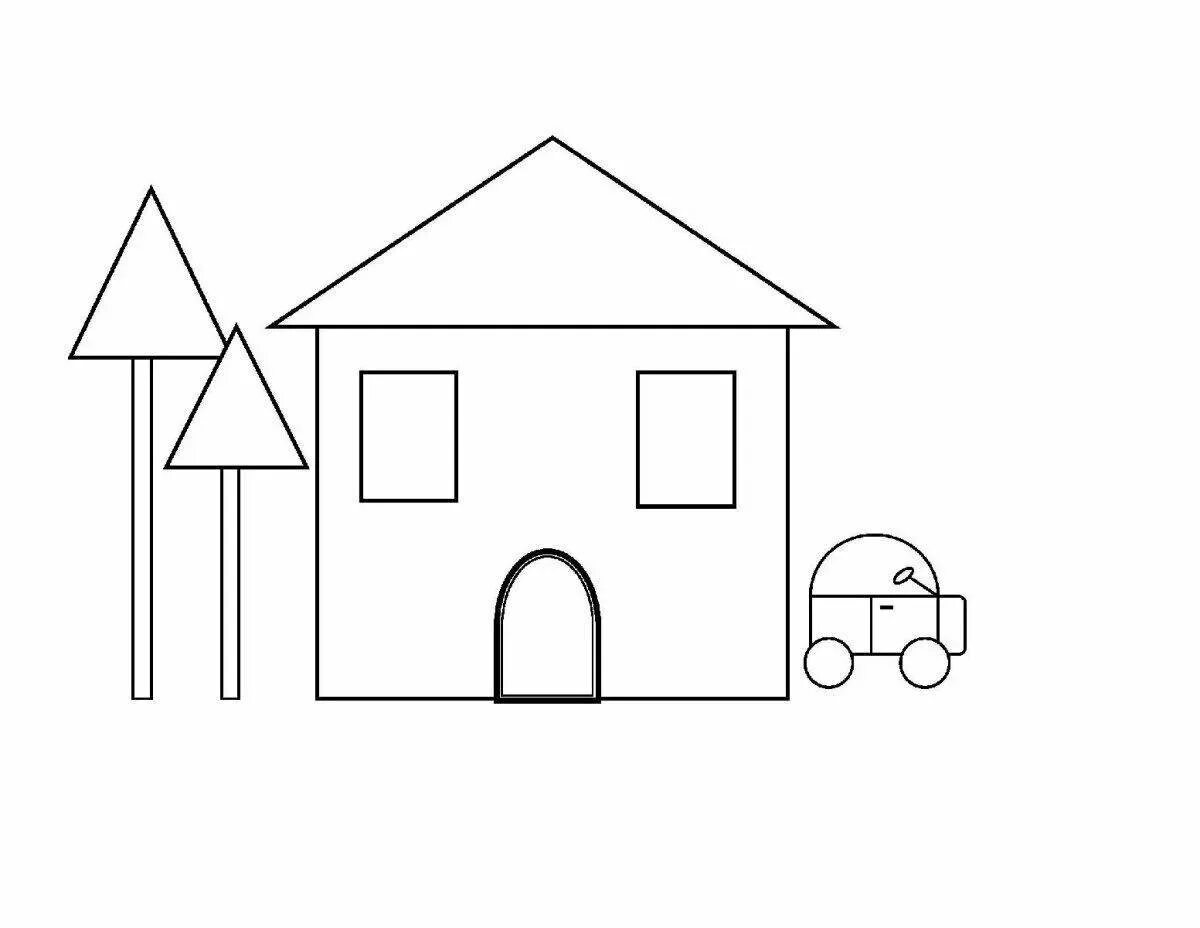 Раскраска дом для детей 3 лет. Домики с геометрическими фигурами. Домик из геометрических фигур. Раскраска. Домики. Геометрические домики для детей.