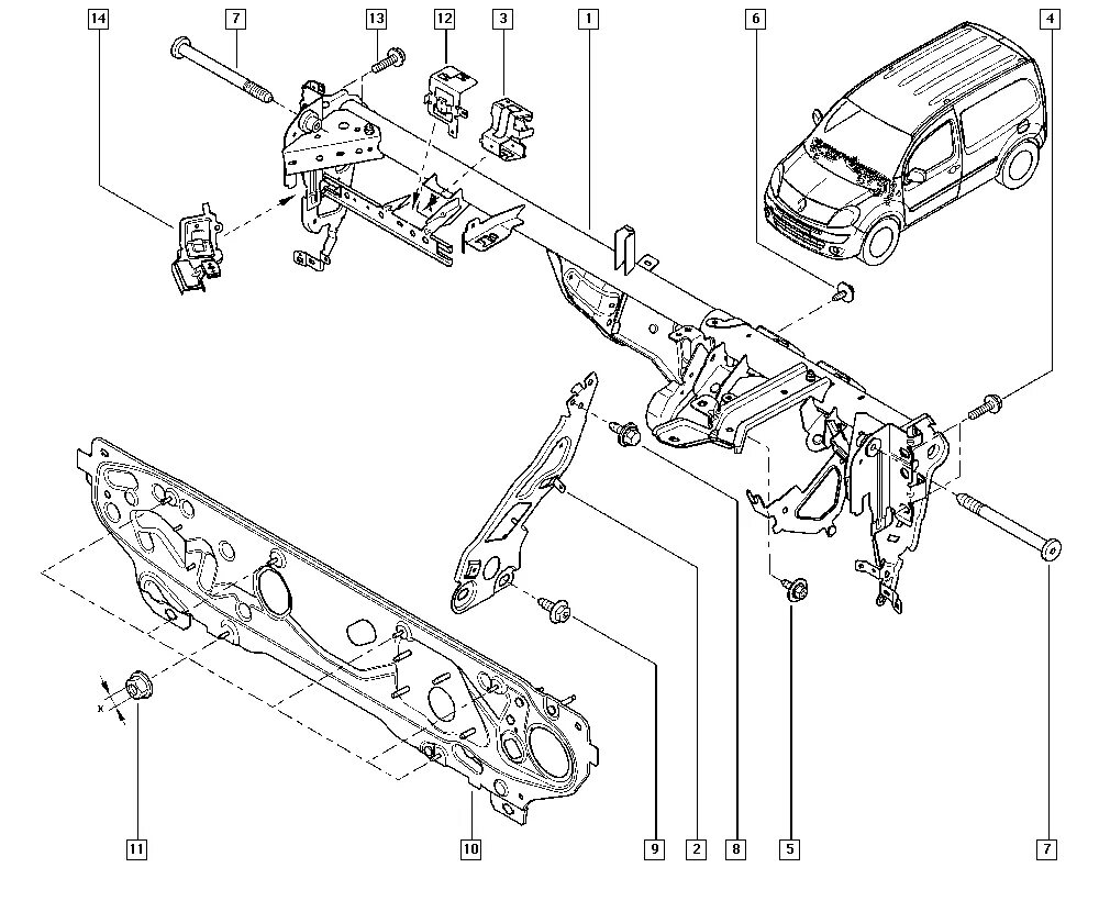 Детали renault. Передняя нижняя панель на Рено Кангу 1 2006 года. Рено Кангу 2 каталог запчастей. Элементы для крепления балки Рено Кангу. Запчасти на Рено Кангу 1.4.