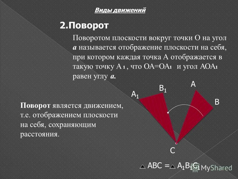 Отображение плоскости на себя понятие движения. Отображение плоскости на себя 9 класс. Виды отображения плоскости на себя. Поворот плоскости.