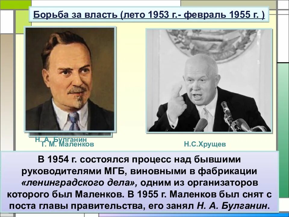 Последствия смены руководства ссср в 1953. 2 Этап лето 1953 февраль 1955 года. Этап второй лето 1953-1955. Хрущев Маленков Булганин. 1953 Год чем запомнился.