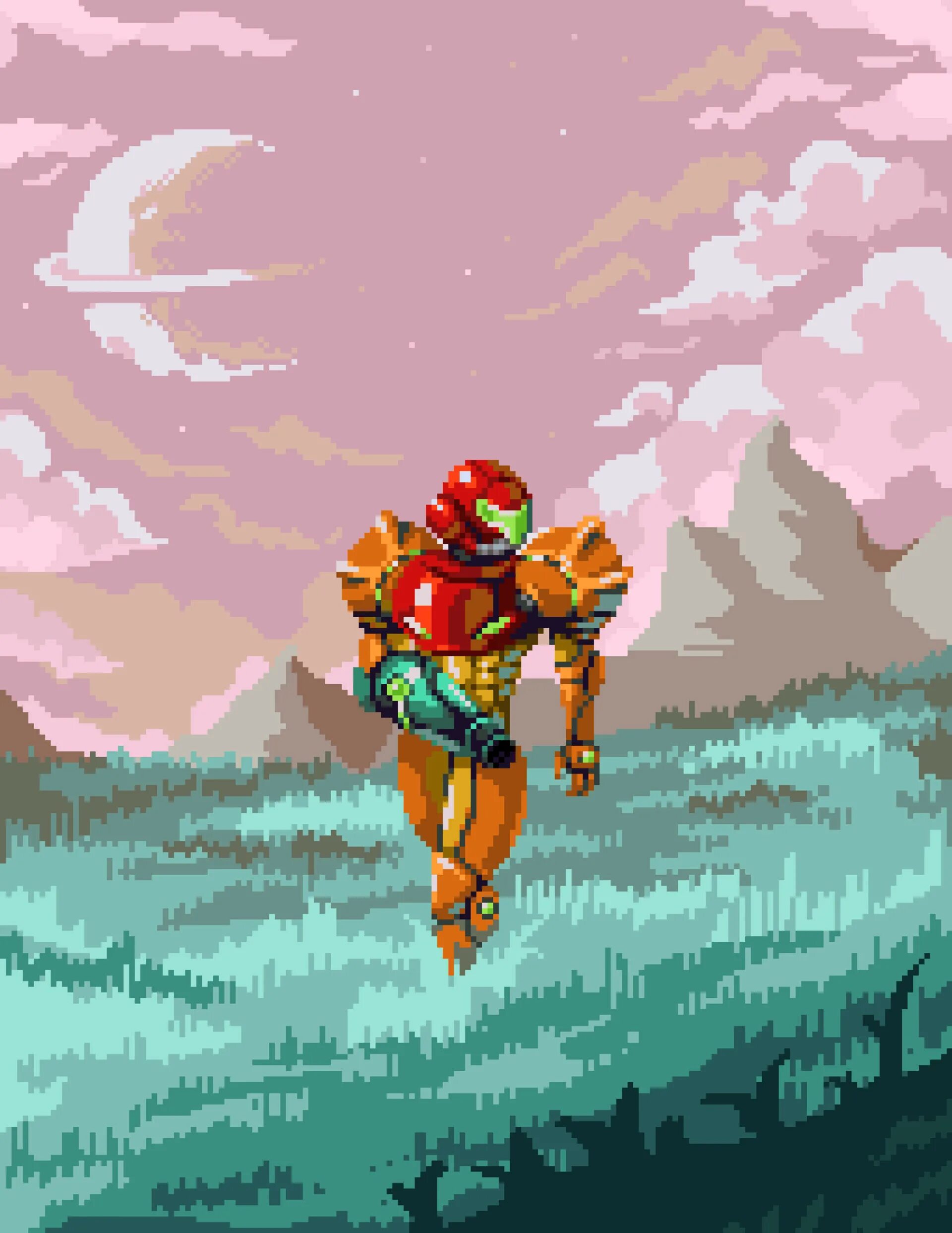 Samus and unknown planet. Metroid pixel art. samus pixel art. samus pixel game.