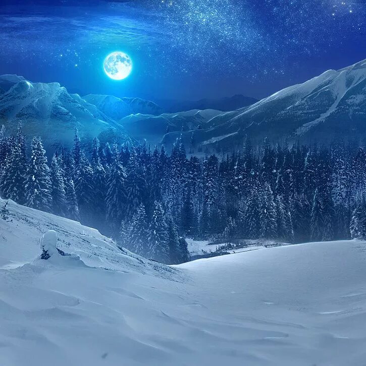 Зимняя ночь. Зимний ночной пейзаж. Зимний лес ночью. Лунная зимняя ночь в горах. Снежная луна 2