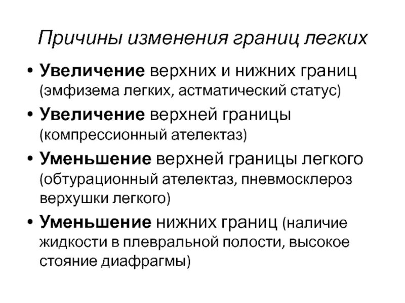 Причины изменения границ. Причины изменения границ легких. Компрессионный ателектаз границы легких. Изменение нижних границ легких. Причина опущения верхних границ легких.