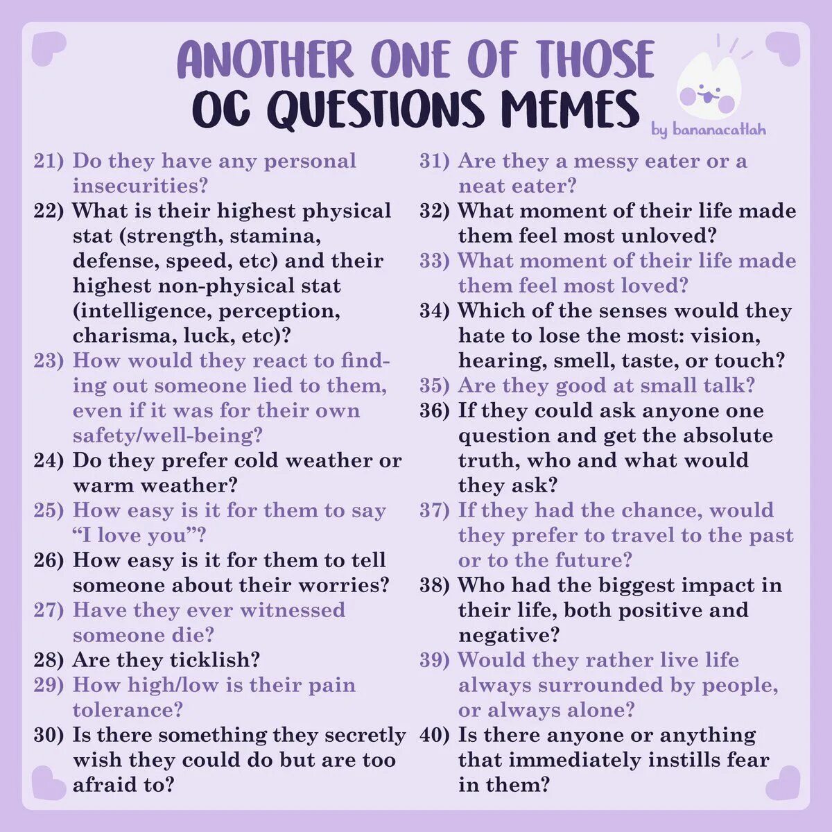 Questions for OC. Questions about OC. Questions for characters. Questions about character. Character questions