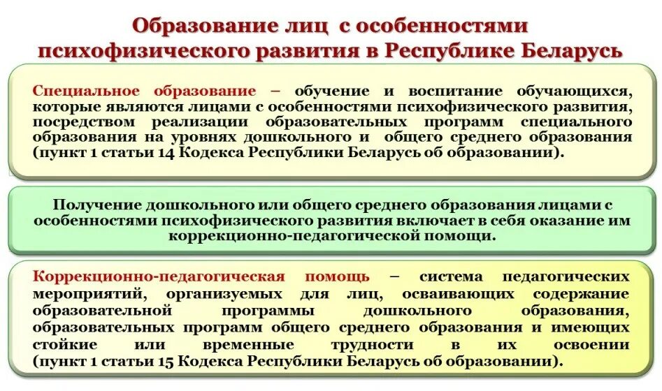 Система специального образования. Лицо с особенностями психофизического развития. Структура специального образования. Направления политики республики беларусь