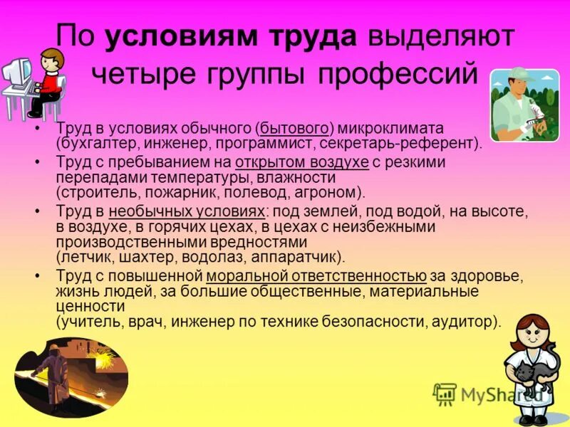 Какие профессии относятся к творческому труду. Условия труда профессии. Профессии по условиям труда. Условия труда примеры профессий. Оптимальные условия труда профессии.