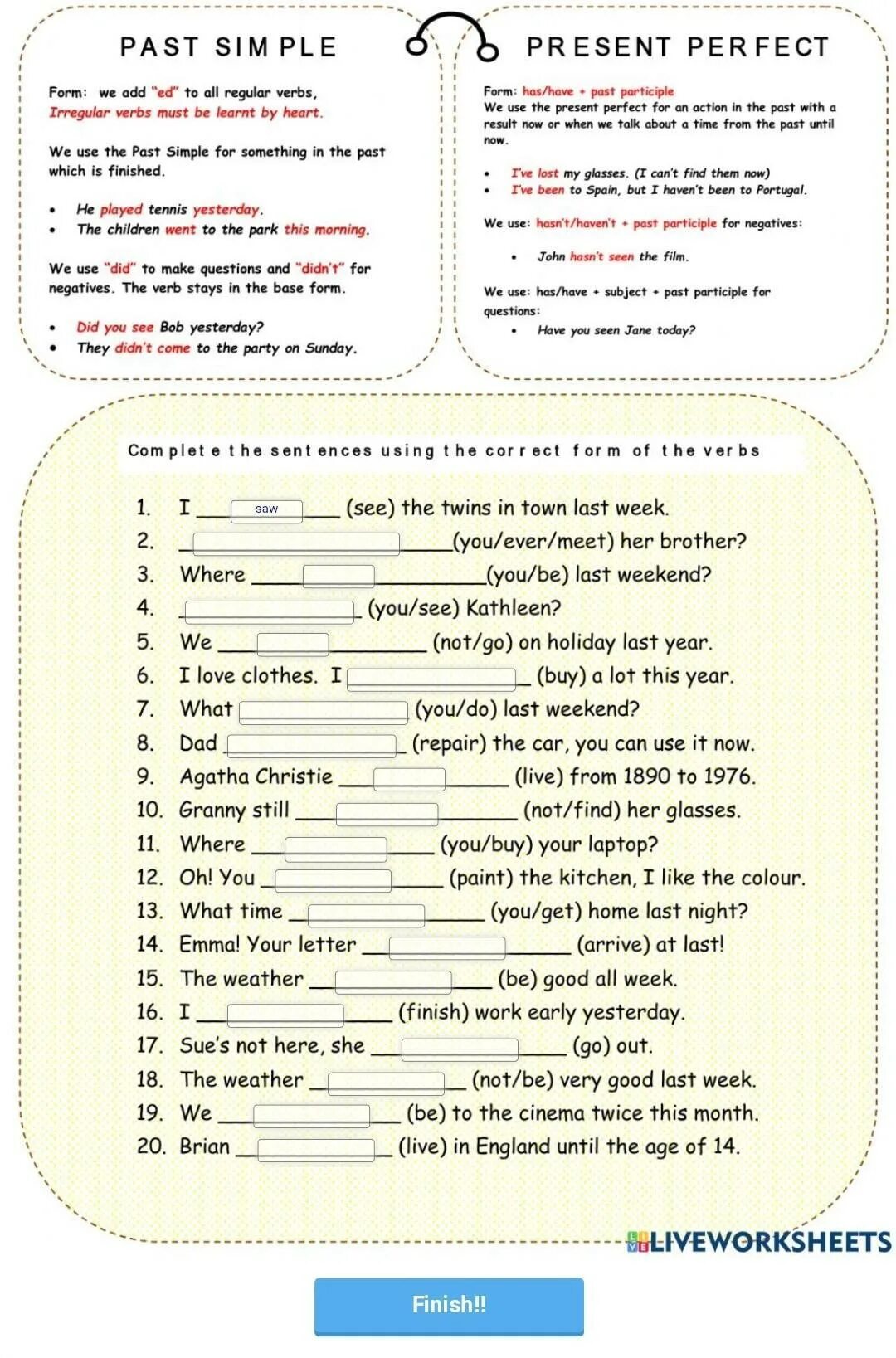 Perfect liveworksheets. Present past perfect Worksheets. Past simple present perfect упражнения Worksheet. Презент Перфект паст Симпл Worksheets. Present perfect past simple упражнения.