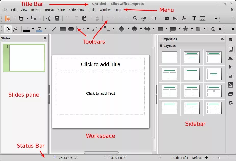 Как сделать презентацию в либре офис. Либре офис импресс. libreoffice impress интерфейс. интерфейс impress. libreoffice интерфейс презентация.