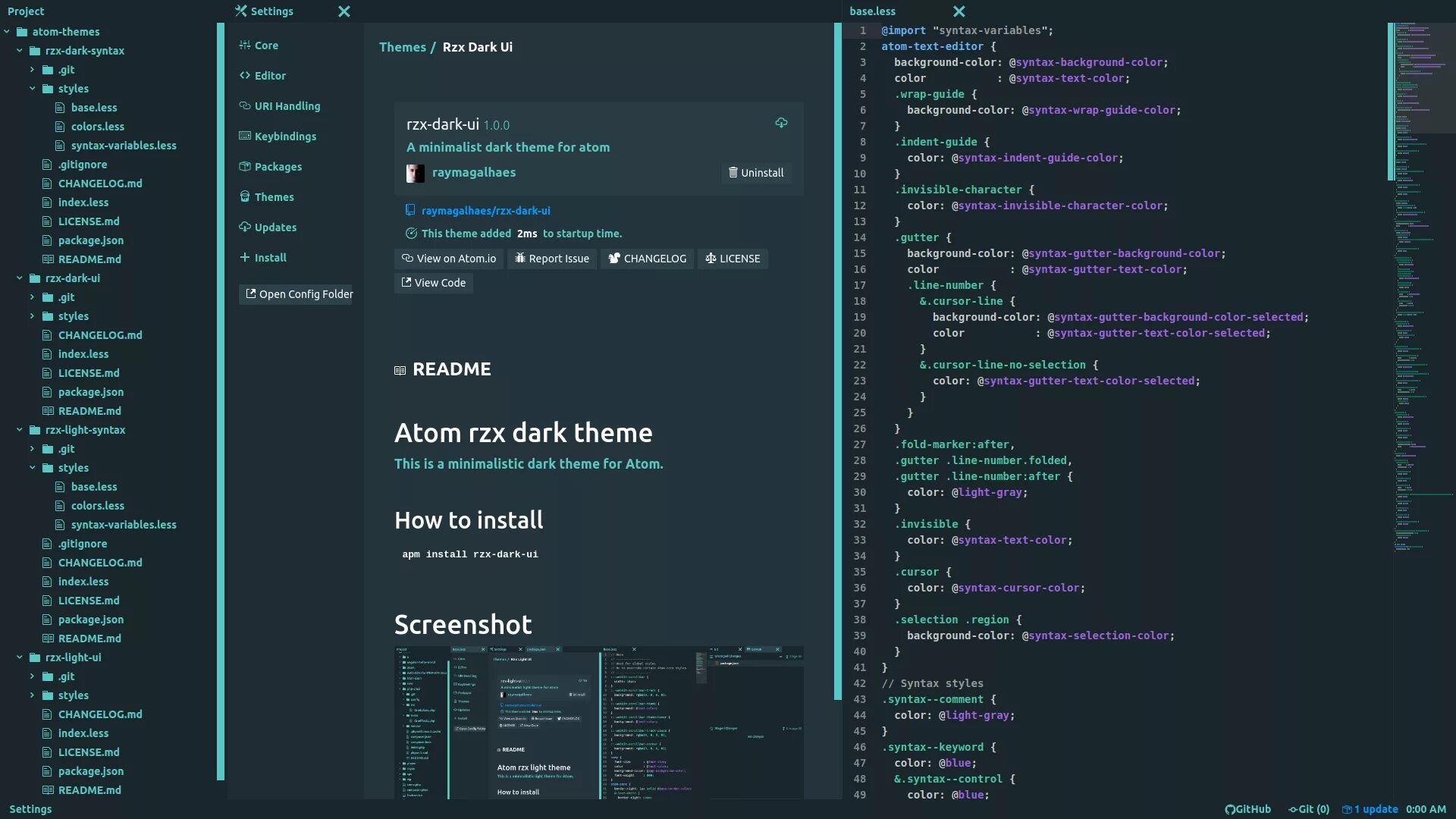 Light theme dark theme. Git синтаксис. Atom Dark Theme. Текстовый редактор с темной темой. Atom syntax Theme.